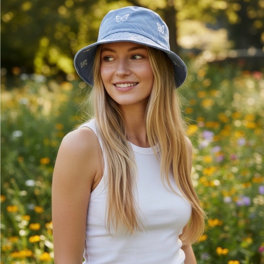 Embroidered Butterfly Blue Bucket Hat for Women